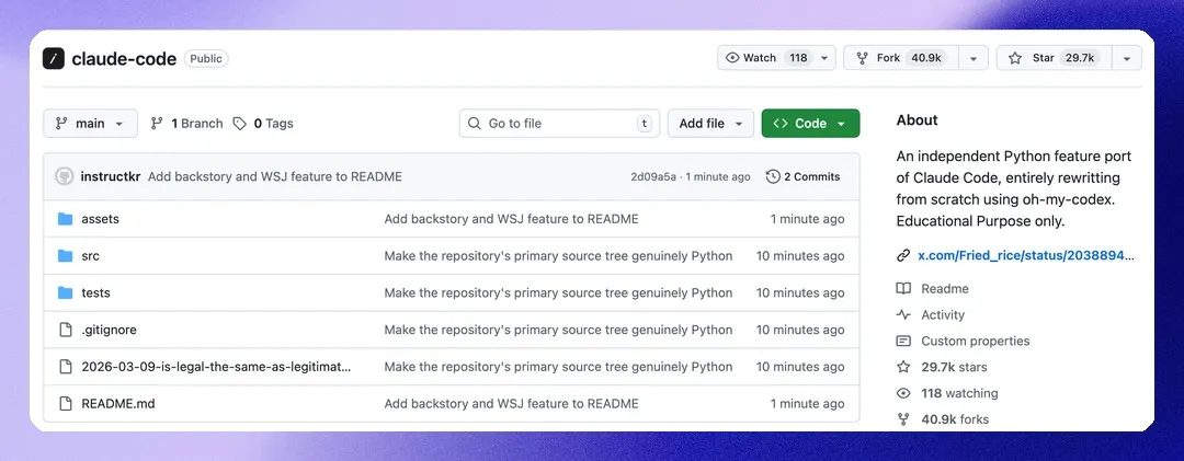 GitHub 仓库 instructkr/claude-code 首页截图，展示 Star 数（13.6k）、Fork 数（20.3k）和文件列表